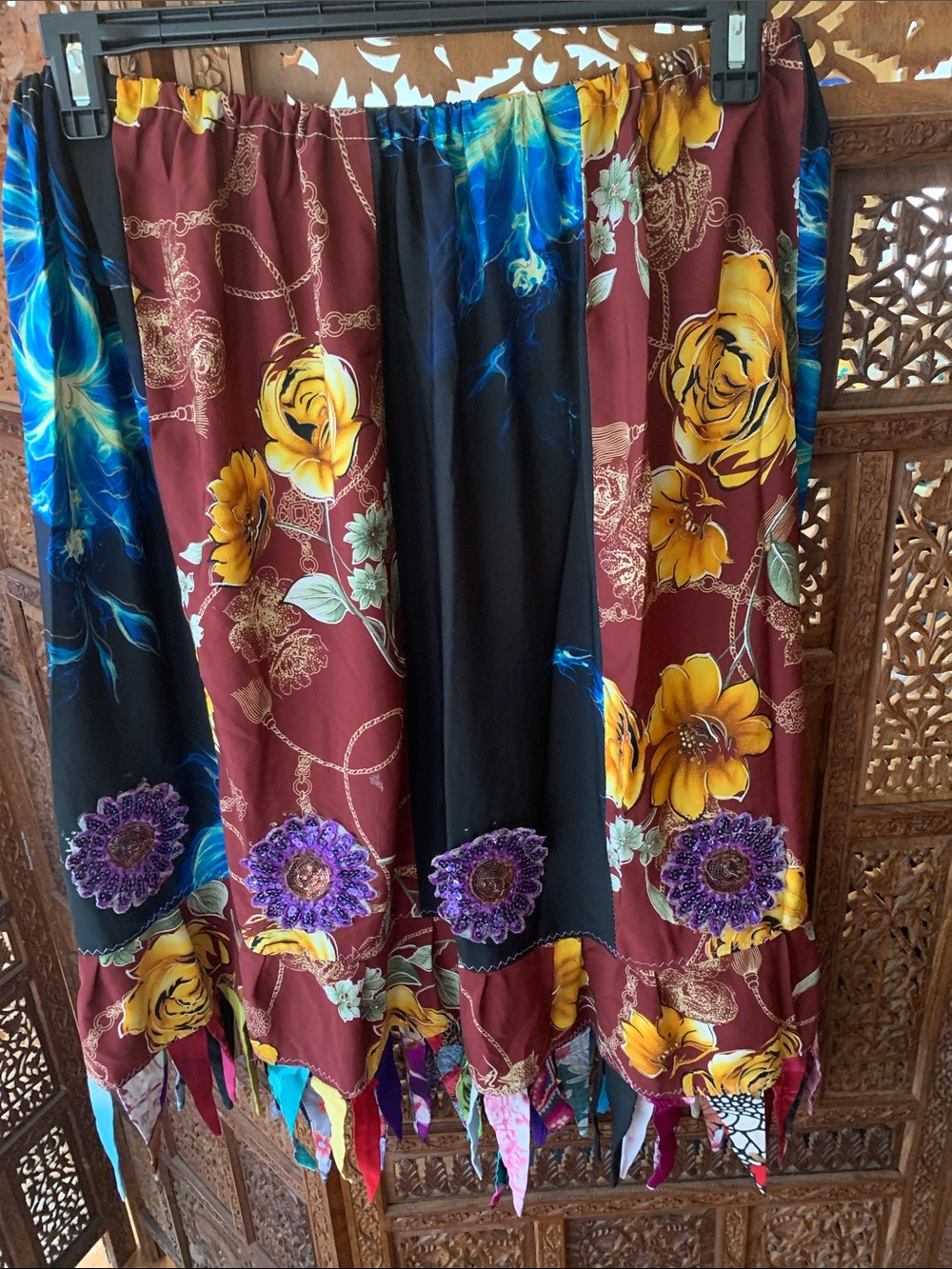 Bohemian Floral Patchwork Midi Skirt - Yellow & Burgundy